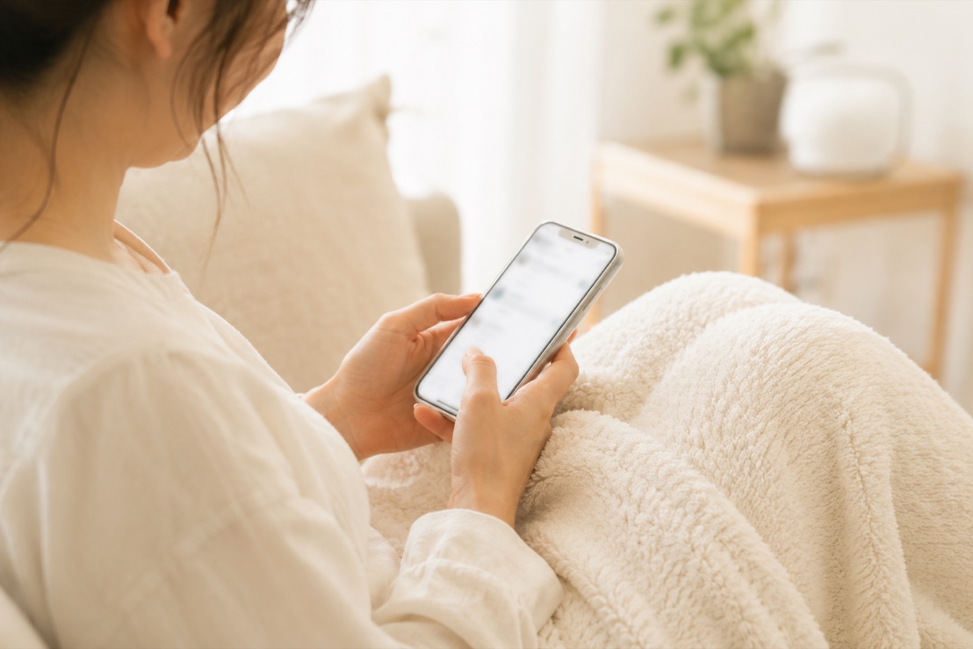 ソファでスマートフォンからLINEでやり取りする様子