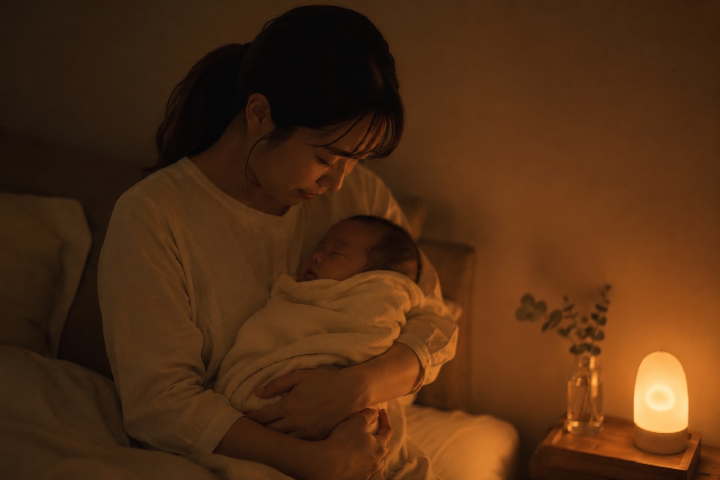 深夜の寝室で赤ちゃんを抱いて寝かしつけるお母さん