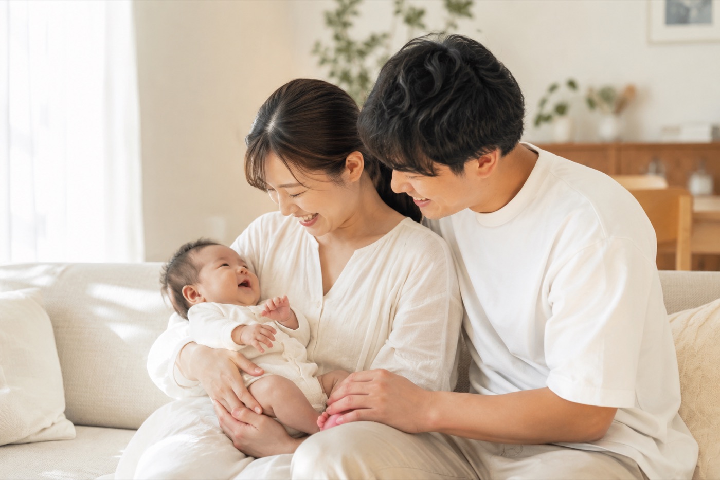 リビングで赤ちゃんと笑顔で過ごす家族