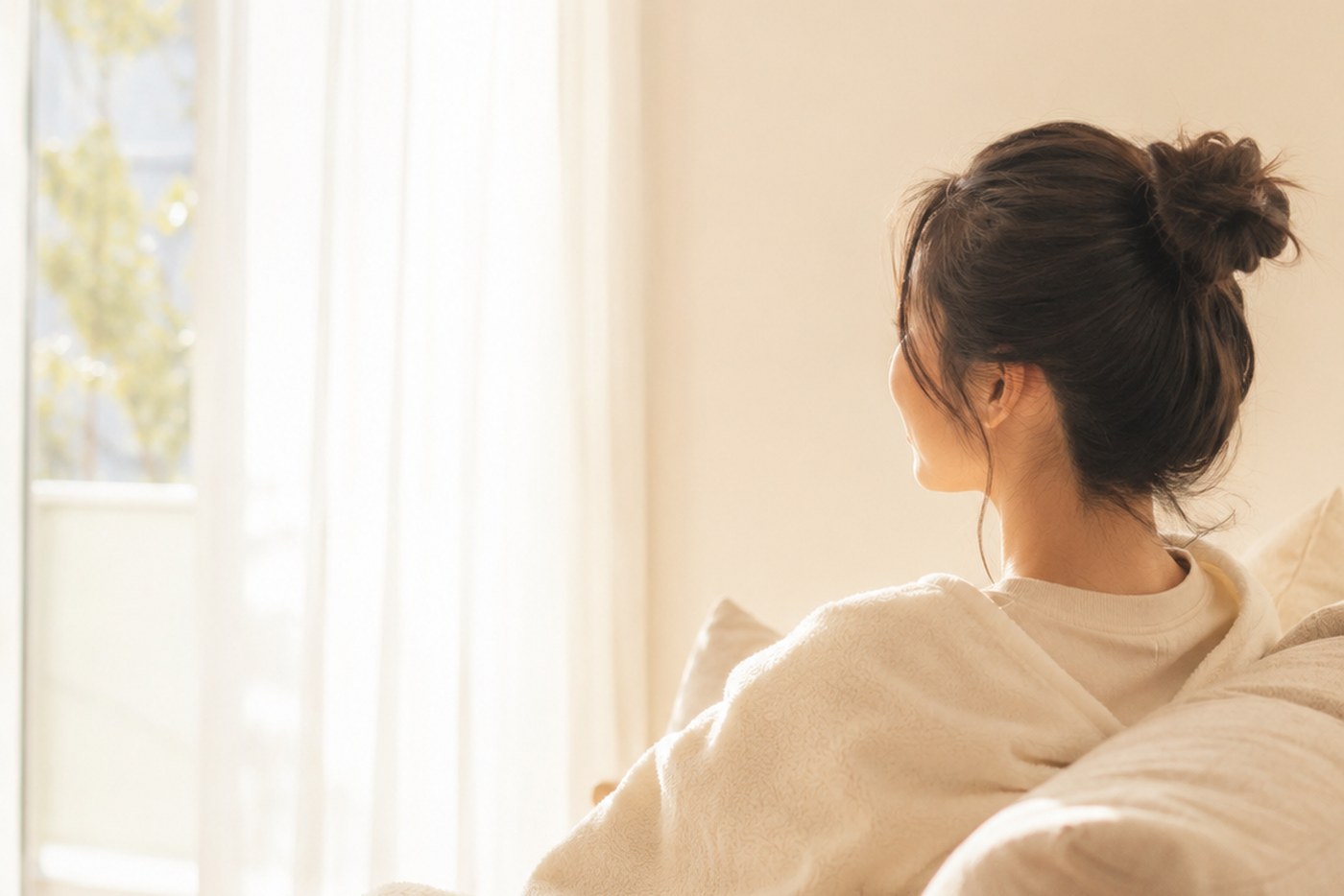 ブランケットに包まれてソファでゆっくり休むお母さんの後ろ姿