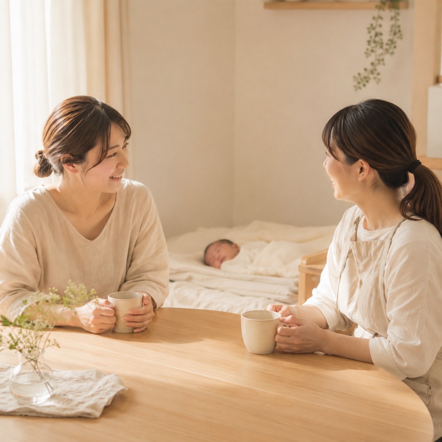 赤ちゃんが眠る傍らでお茶を飲みながら会話する母親と助産師