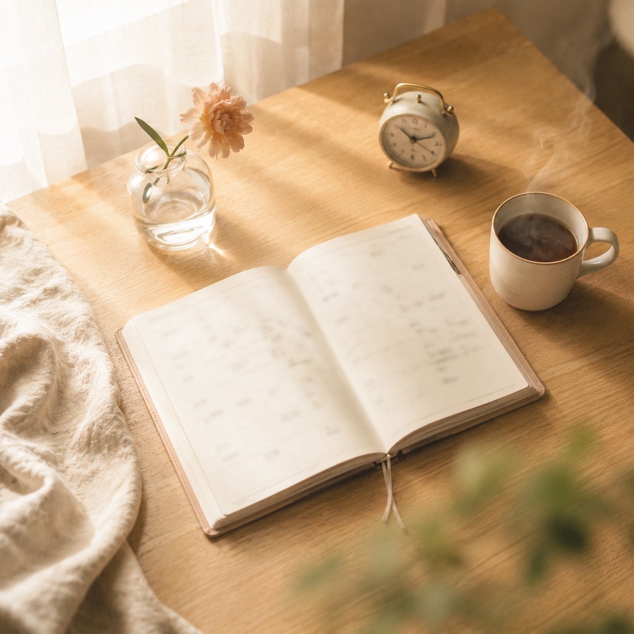 朝の窓辺で手帳とコーヒーが置かれた自由な暮らしのイメージ